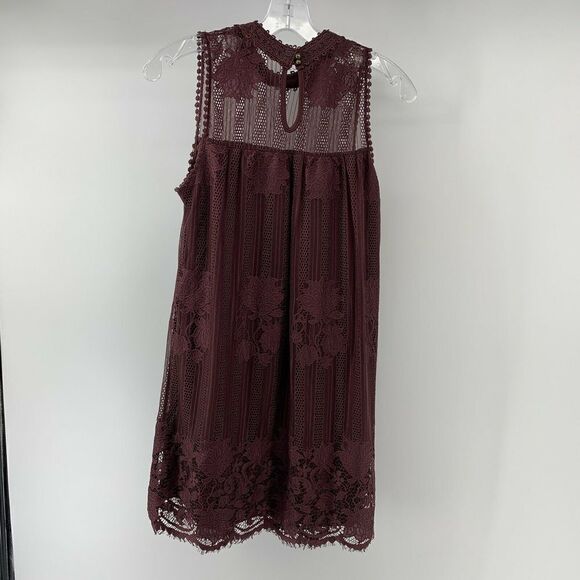 Wine Red High Neck Lace Overlay Scalloped Dress S - Picture 2 of 8